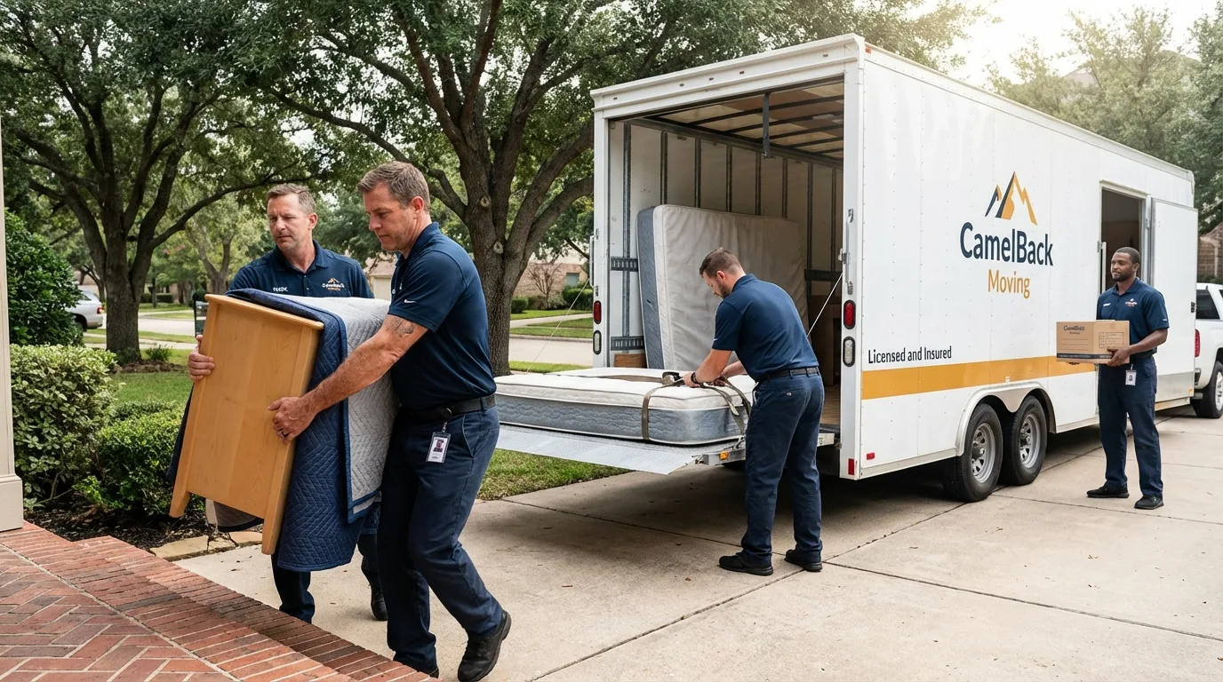 Crew loading residential truck for cross-state move from Waterloo, IA