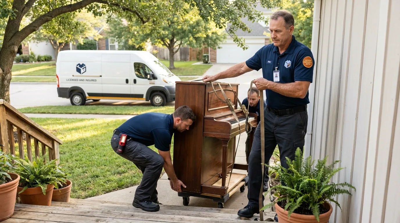 Licensed piano movers securing grand piano in Waterloo, IA