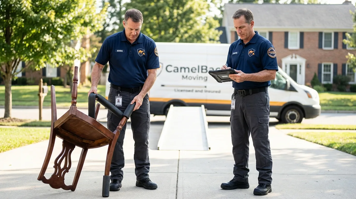 Movers inspecting furniture for damage prevention before loading in Waterloo, IA